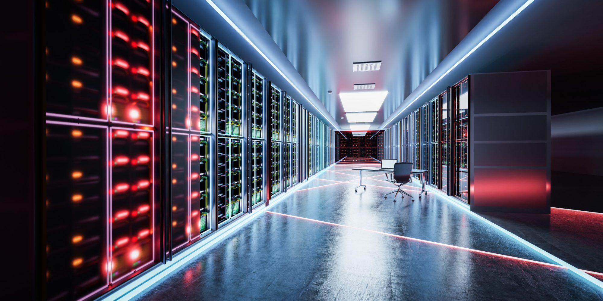 Computer network server room or data center. 3D illustration